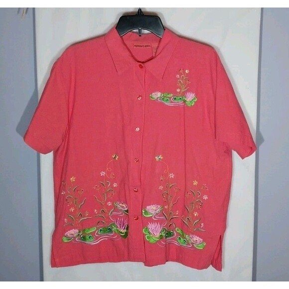 VTG Button Up Top XL Pink Embroidered Beaded Frogs Grandmacore Cottagecore Boho - Picture 2 of 11